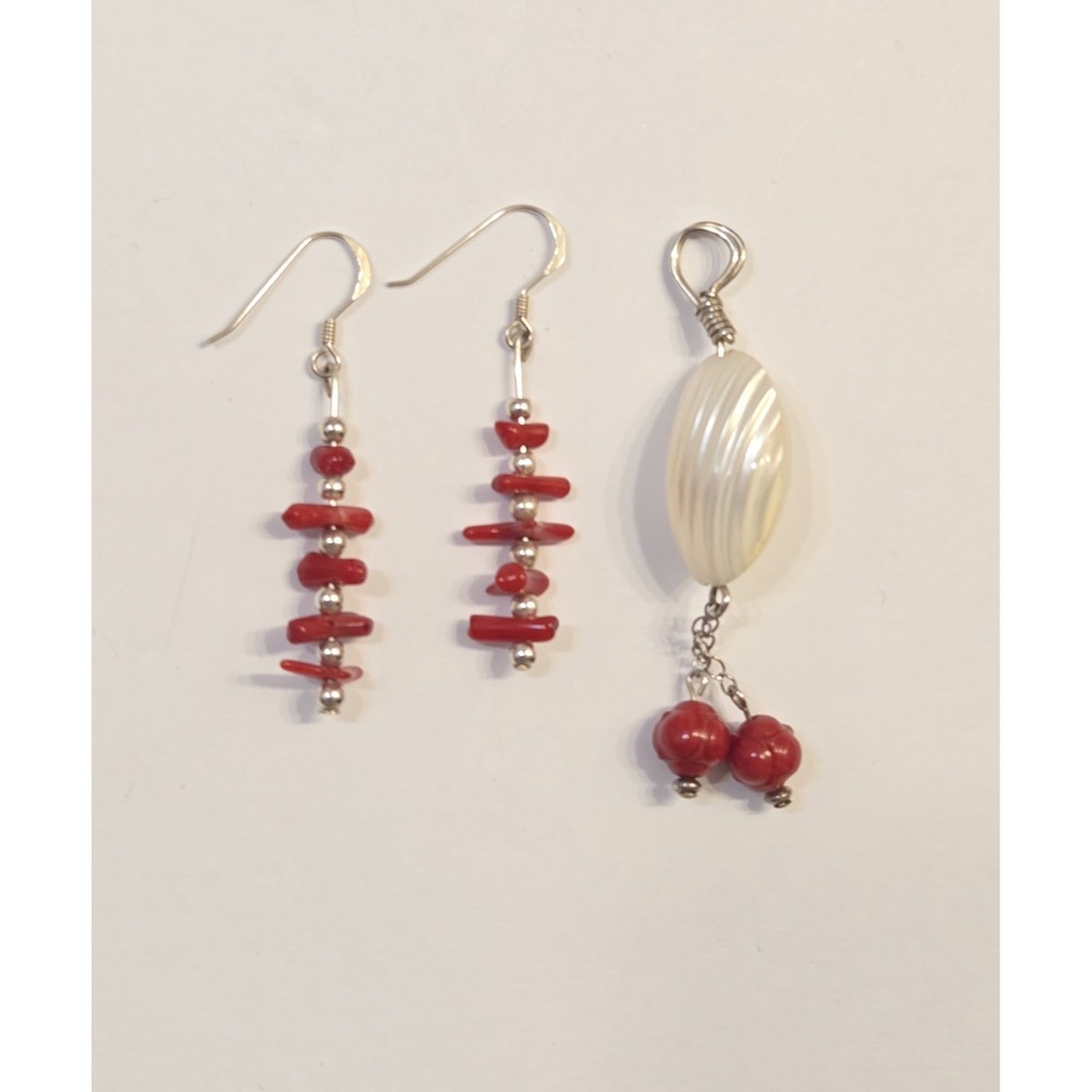 Unique Sterling Silver Red Coral & Seashell Dangle Earrings & Pendant Set Beach